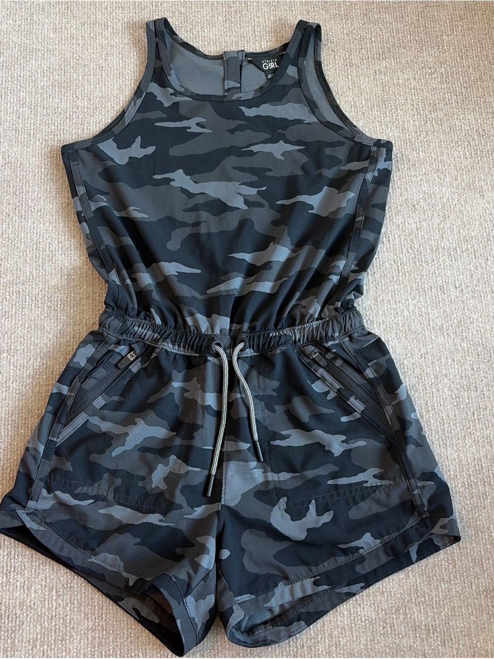 Athleta Girl Sz M/8-10 On The Go Romper Black Camouflage Drawstring Waist